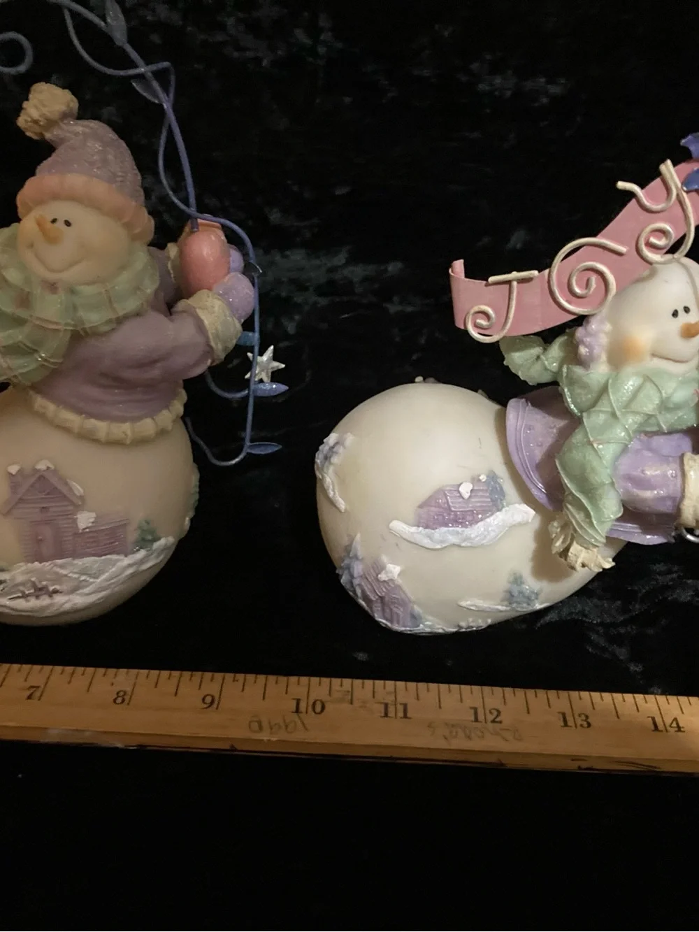 Home Interiors Pastel Purple & Cream Snowman Pair Holiday Figurines